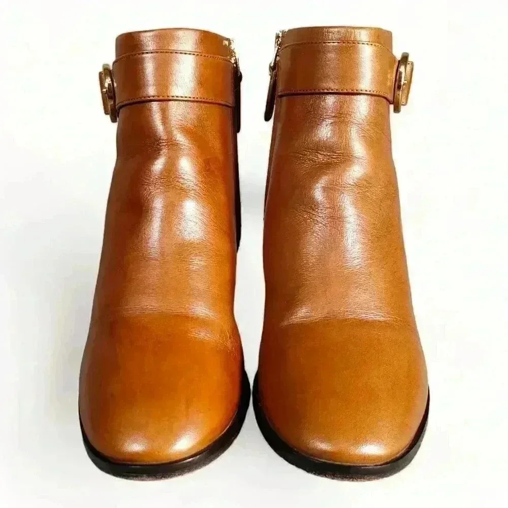Tory Burch Sophia Ankle Booties Boots British Tan Women's 5 M Leather Gold Logo